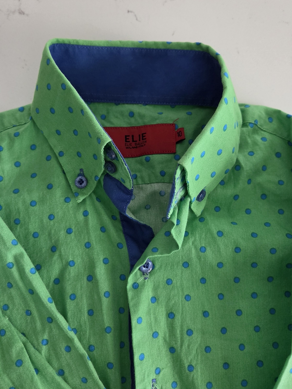 Ellie Balleh Green Shirt with Blue Polka Dots